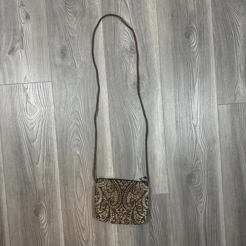 Small Tapestry Rug Bag with Beaded Zipper and Brown‎ Cord Strap